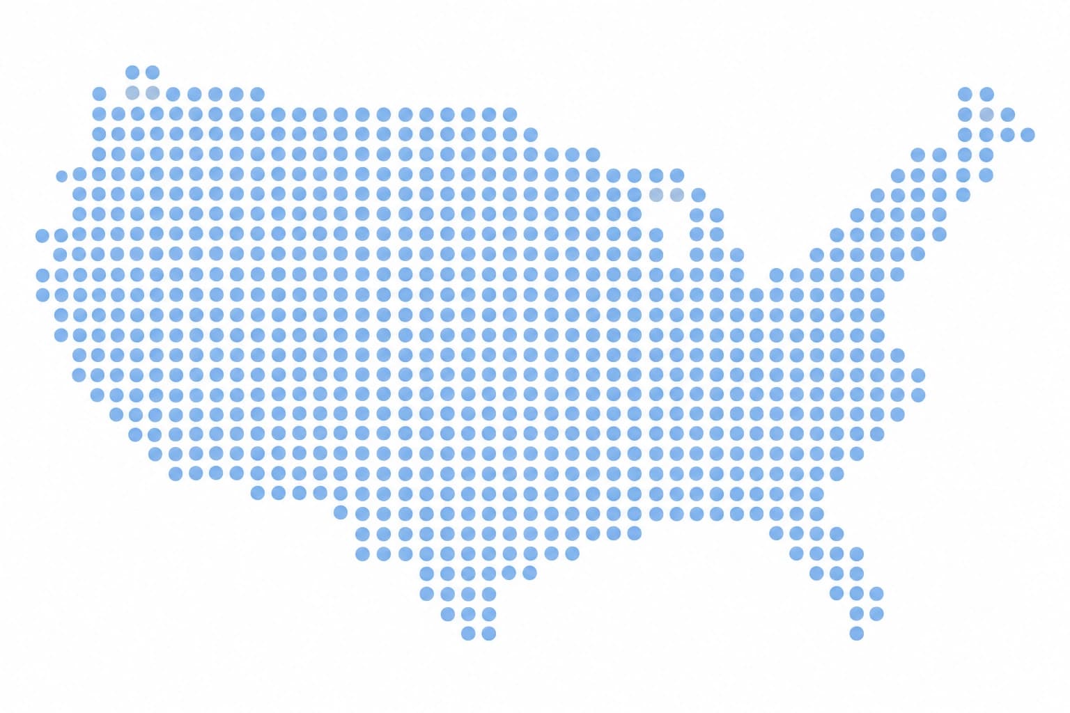 Stylised dot map of the United States with the network's covered states emphasised in blue and the remaining states shown in muted grey.